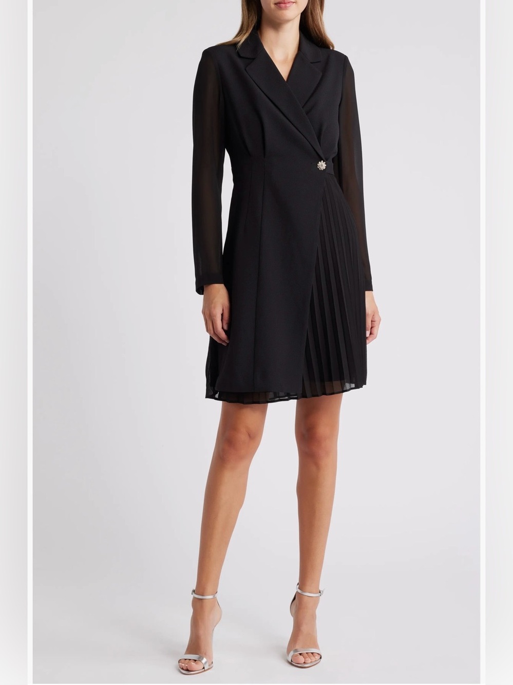 Vince Camuto Black Pleated Wrap-Front Long-Sleeve Dress